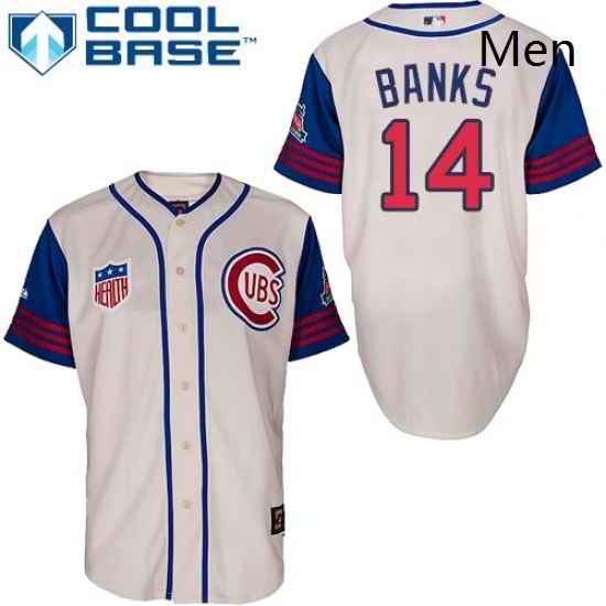 Mens Majestic Chicago Cubs 14 Ernie Banks Replica CreamBlue 1942 Turn Back The Clock MLB Jersey